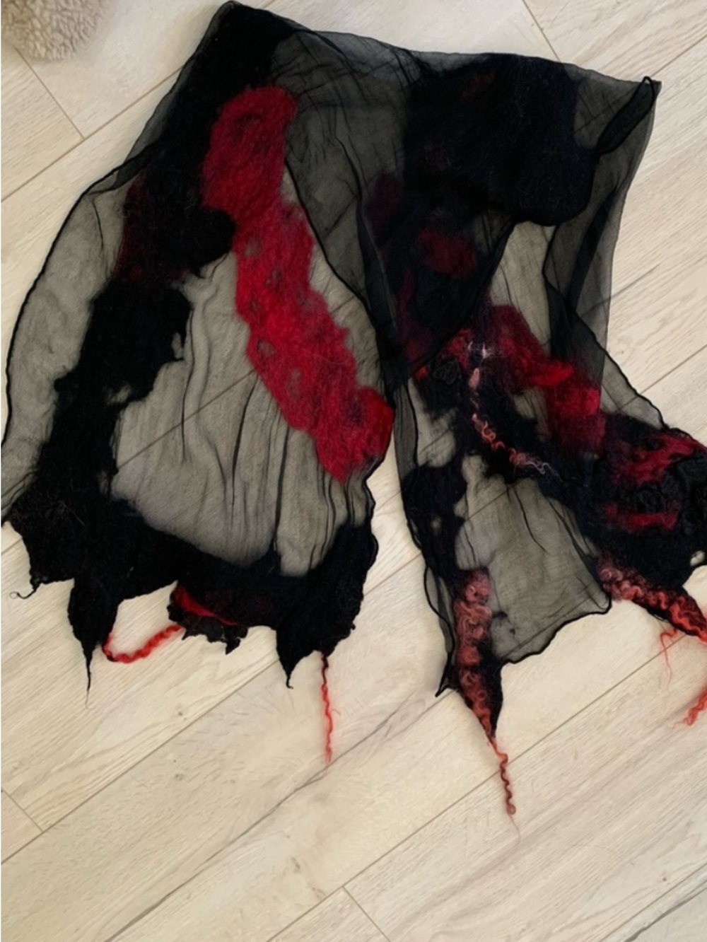 Black and Red Liberty made in Italy scarf silk wool Sheer Felted